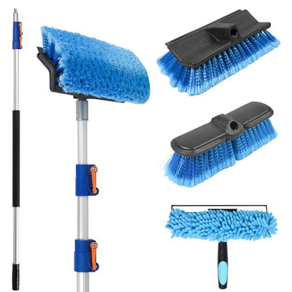 20 FT Exterior House Cleaning Brush Set with 5-12 Foot Telescoping Extension Pole, Soft Scrub Car Wash Brush, Medium Bristle Cleaning Brush and Window Squeegee & Washer - size: 12FT POLE