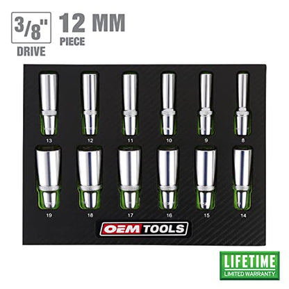 OEMTOOLS 23981 12 Piece Deep Socket Set 3/8, Deep Well Socket Set Metric 8mm-19mm, Heat-Treated Alloy Steel Sockets, Hard Chrome Finish, EVA Foam Tray - style: 3/8" Drive Metric