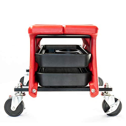Powerbuilt Rolling Garage Seat with Tool Trays, Smooth Ball Wheel Bearing Casters 300 Pound Capacity Stool, Detailing, Motorcycle, Gardening - 240283 - style: Red, 14-Inch
