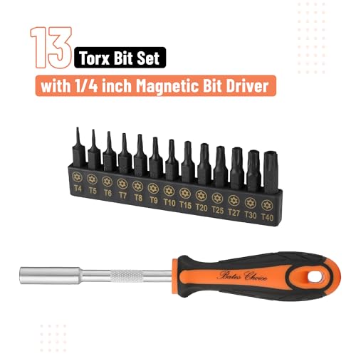 Bates- Tamper Proof Torx Bit Set, 14 pcs, T4-T40 with 1/4" Ergonomic Magnetic Bit Driver