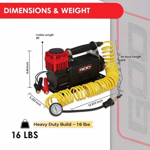 12V Portable Air Compressor 5.65 CFM – Heavy Duty Battery Clamp Tire Inflator for Truck, SUV, 4x4 Off-Road & Overlanding – Fits 35 Inch Tires – 150 PSI with Gauge & Storage Bag
