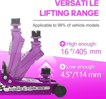 2.5 Ton Floor Jack Low Profile, Heavy-Duty Steel Racing with Single Piston Lift Pump, Lifting Range 4.5"-15.94" （Pink）