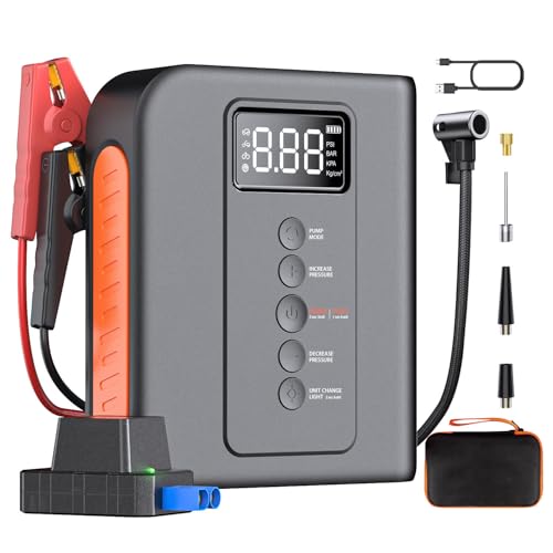 10000 amp Jump Starter with Air Compressor for Car, Battery Portable Power Pack 150PSI Tire Inflotor, USB Charge, LED Light, for All Gas and Up to 8L Diesel Engines Jumper Box