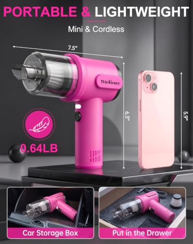 ThinkLearn 27pcs Car Cleaning Kit, 4-in-1 12000Pa Cordless Mini Handheld Vacuum Cleaner & Air Duster, Portable Pink Car Detailing Kit with Interior Accessories for Car, Home, Office, Gift for Women