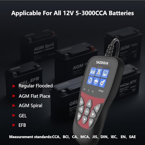 BT900 Car Battery Tester 6V 12V Load Tester, 5-3000 CCA Automotive Alternator Tester Digital Auto Battery Analyzer Charging Cranking System Tester for Car Truck Motorcycle ATV SUV Boat Yacht