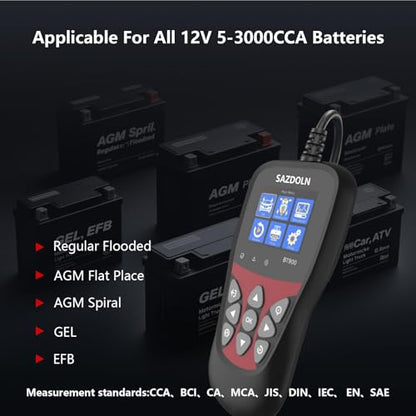 BT900 Car Battery Tester 6V 12V Load Tester, 5-3000 CCA Automotive Alternator Tester Digital Auto Battery Analyzer Charging Cranking System Tester for Car Truck Motorcycle ATV SUV Boat Yacht