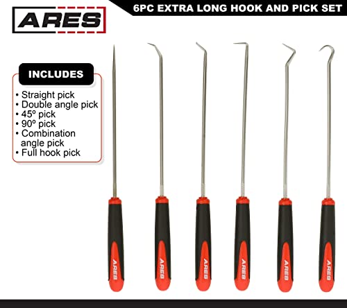 ARES 10035 Extra Long Precision Hook and Pick Set, 6-Piece | Includes angled, straight, and full hooks and picks; hardened steel shafts - size: 6-Piece Extra Long Hook/Pick Set