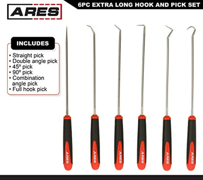 ARES 10035 Extra Long Precision Hook and Pick Set, 6-Piece | Includes angled, straight, and full hooks and picks; hardened steel shafts - size: 6-Piece Extra Long Hook/Pick Set