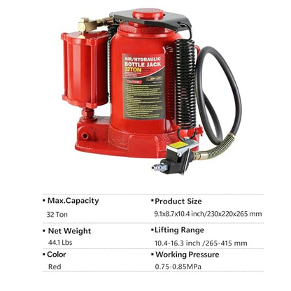 20 Ton Hydraulic Bottle Jack, 40,000LBS Pneumatic All Welded Bottle Jack, 10.4-16.3 inch Lifting Range,Manual Hand Pump & 2-Section Long Handle, for Car, Pickup Truck, Truck, RV, Auto Repair,Red - color: Red, size: 32 Ton