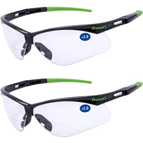 ProtectX Classic Safety Glasses, Anti-Fog Scratch Resistant Lenses, Protective Eyewear for Work, Indoor/Outdoor, ANSI Z87.1 - color: Evergreen Bifocal Reading 2.5 - 2 Pack
