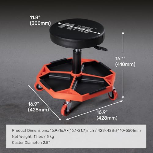 Rolling Mechanic Stool, 300 LBS Adjustable Garage Shop Seat with Tool Trays | Pneumatic Height Adjust, Cushioned Seat, 4-compartment trays, 360° Casters, for Garage, Workshop, Auto Repair, Detailing