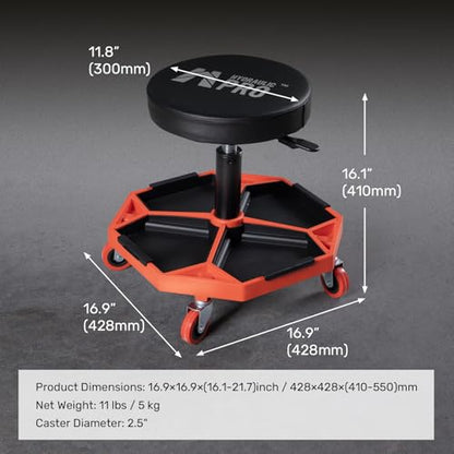Rolling Mechanic Stool, 300 LBS Adjustable Garage Shop Seat with Tool Trays | Pneumatic Height Adjust, Cushioned Seat, 4-compartment trays, 360° Casters, for Garage, Workshop, Auto Repair, Detailing