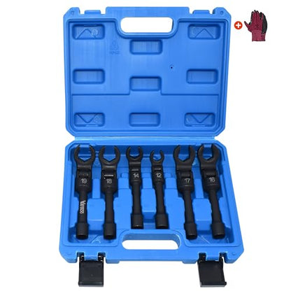 6PCS Long Flex Head Crows Foot Line Wrench Set with 3/8" Drive, Diesel Injector Fuel Line Sockets Wrench Set, Metric Crowfoot Wrenches for 12/14/16/17/18/19mm Nuts with 180° Flexible Head - size: 6pcs