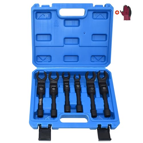 6PCS Long Flex Head Crows Foot Line Wrench Set with 3/8" Drive, Diesel Injector Fuel Line Sockets Wrench Set, Metric Crowfoot Wrenches for 12/14/16/17/18/19mm Nuts with 180° Flexible Head - size: 6pcs