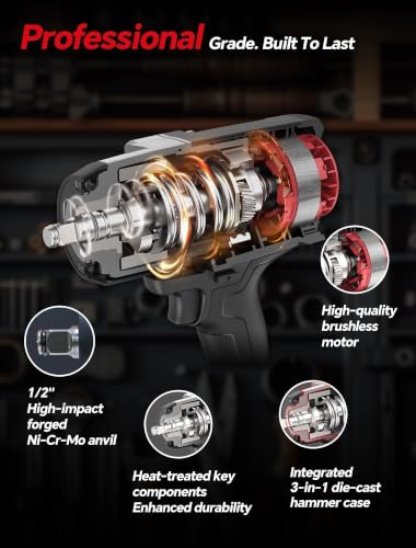 ROTAKE 20V Mid-Torque 1/2" Cordless Impact Wrench Kit, 880 FT-LBS, TB2 | 5.0Ah Battery, Brushless Motor, 3-in-1 Unibody Hammer Housing, Soft Start, Forward LED, 4A Rapid Charger, Hard Carrying Case - size: 1/2" (880 ft-lbs) TB2