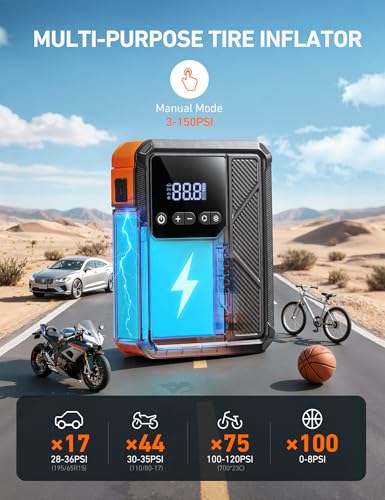 AstroAI Beta822 3000A Jump Starter with Air Compressor, 150PSI Portable Tire Inflator with Auto-Shutoff, 12V Car Battery Booster (9.0 Gas/7.0L Diesel) with LED Light and Jumper Cables, Black - color: 3000A-Black
