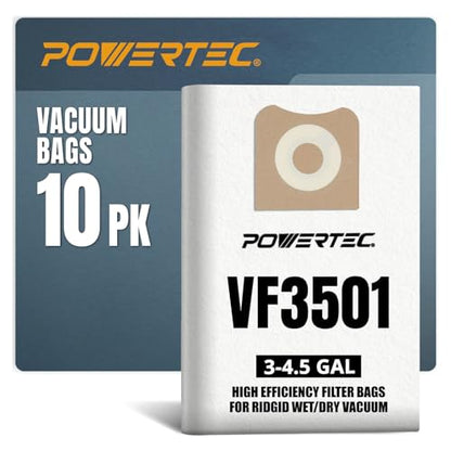 POWERTEC VF3501 Size C Shop Vac Bags for Ridgid 10 Pack, 3-4.5 Gal. 23738 Vacuum Bags for Ridgid 4000RV, WD40700 Wet Dry Vac (75017-P2) - size: VF3501 (Size C), style: 10 Pack
