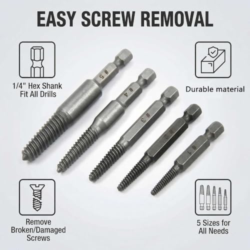 5-Piece Screw Extractor Set, Damaged & Stripped Screw Remover, Broken Bolt Extractor Kit, 1/4 Inch Hex Shank Drill Bit Tools for Home Use and DIY Projects