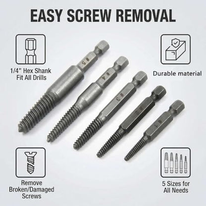 5-Piece Screw Extractor Set, Damaged & Stripped Screw Remover, Broken Bolt Extractor Kit, 1/4 Inch Hex Shank Drill Bit Tools for Home Use and DIY Projects