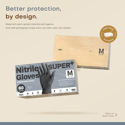 SUPER+ Black Nitrile Gloves HEAVY DUTY 6 Mil Disposable Chemical Resistant Powder & Latex Free Medical Food Safe, 60/600 Ct - color: Medium (Black)