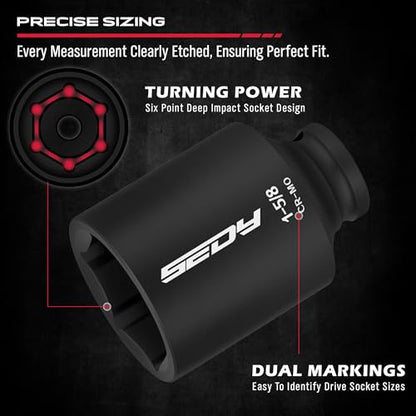 SAE Deep Impact Socket Set 8-Piece 1/2-inch Drive Wheel Axle Nut Wrench Large Sockets Standard Adapter 1-11/16 1-9/16 1-3/8 1-7/16 1-1/2 1-5/8 1-3/4 Imperial Spindle Joint Torque Bearing Locknut Truck - style: 1/2" | 8-Piece SAE Jumbo