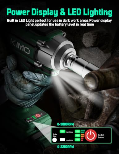 KIMO Impact Wrench 1/2 Cordless,550N.m/406ft-lbs Max Torque & 3000RPM, 2x20V 3.0Ah Battery, Impact Gun with 7 Drive Impact Sockets, 3 Inch Extension Bar, 1 Hour Fast Charger Impact Drill for Car Tires