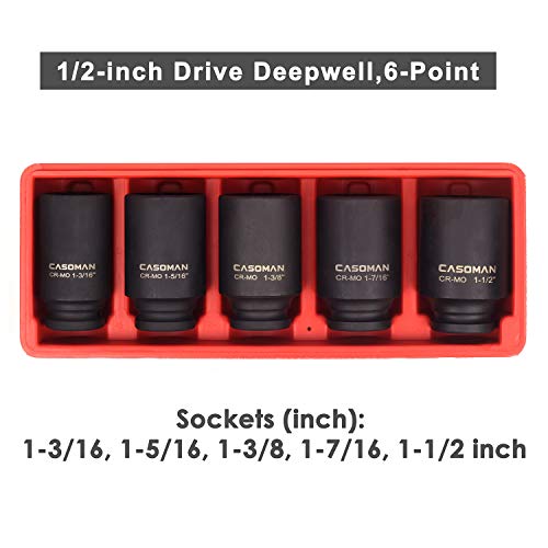 CASOMAN 1/2-Inch Drive Deep Spindle Axle Nut Impact Socket Set, 1/2" Drive Deep Impact Socket Set, Inch, Cr-Mo, 6-Point, 1-3/16-Inch - 1-1/2-Inch, 5 Piece Axle Socket Set - size: 1/2" Dr. 5pcs (1-3/16" - 1-1/2")
