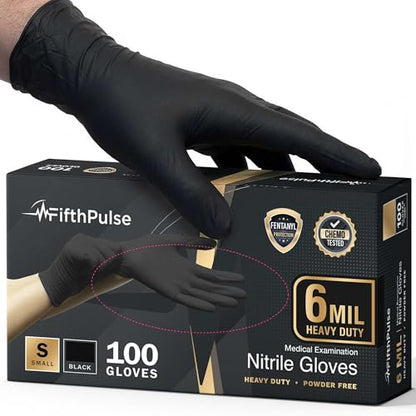 FifthPulse 6 Mil Black Nitrile Gloves, Heavy Duty Mechanic and Food Grade Glove - Powder-Free, Latex-Free Medical Exam Gloves - style: Small