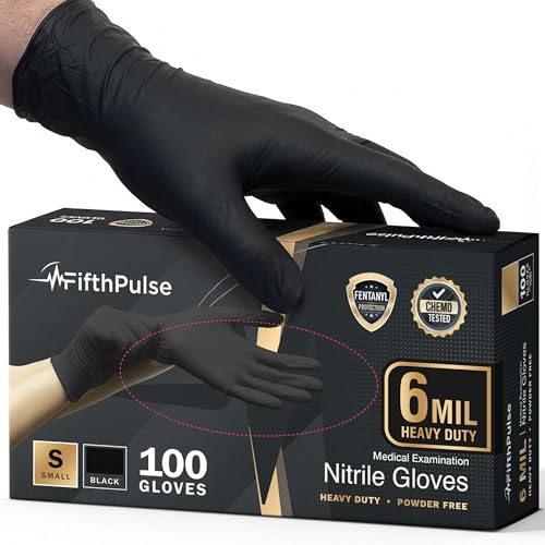 FifthPulse 6 Mil Black Nitrile Gloves, Heavy Duty Mechanic and Food Grade Glove - Powder-Free, Latex-Free Medical Exam Gloves - style: Small