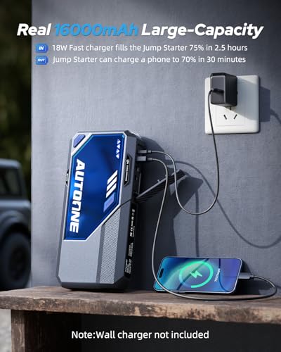 AUTOONE M4 Jump Starter 8000A Car Battery Jumper Starter Portable, 12V Jump Pack (All Gas/12L Diesel) Jump Box for Car Battery with Built-in Booster, Storage Case, LED Light, Jumper Cables - size: 8000A