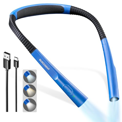 Glocusent Upgraded LED Neck Reading Light, Book Light for Reading in Bed, 30-min Timer, 3 Colors & 3 Brightness Adjustable, Rechargeable & Long Lasting, Perfect for Reading, Knitting - color: Lake Blue, size: Slim-Medium