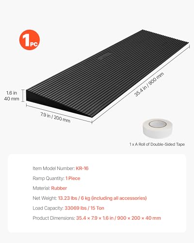 VEVOR 1.6" Rise Cuttable Threshold Ramp for Doorways, 35.4" Wide Natural Rubber Wheelchair Ramp, Non-Slip Solid Rubber Ramp with Double-Sided Tape for Doorways,Driveways,Bathroom,Smooth Tile - size: 1.6‘’ Rise
