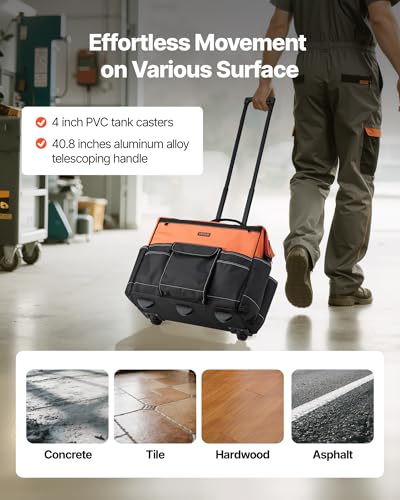 VEVOR 20" Rolling Tool Bag, 110 lbs Load Capacity, 27 Pockets Heavy Duty Roller Tool Bag on Wheels, Adjustable Telescoping Handle & Stable Base, Toolbag Organizers w/Wheels for Construction, Mechanic - size: 20 in