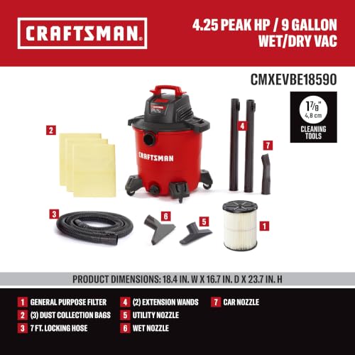 CRAFTSMAN CMXEVBE18590 9 Gallon 4.25 Peak HP Wet Dry Shop Vacuum - size: 9 Gal 4.25 Peak HP w/ Dust Bags