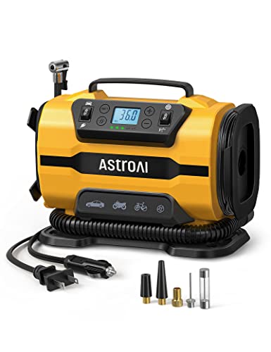 AstroAI Tire Inflator Portable Air Compressor, 12V DC/120V AC Dual Power | Fast-Inflating Air Pump with Dual Metal Motors, 150PSI Digital Gauge for Car, SUV, Bike Tires & Air Mattresses, Yellow - color: Light Yellow, size: Standard