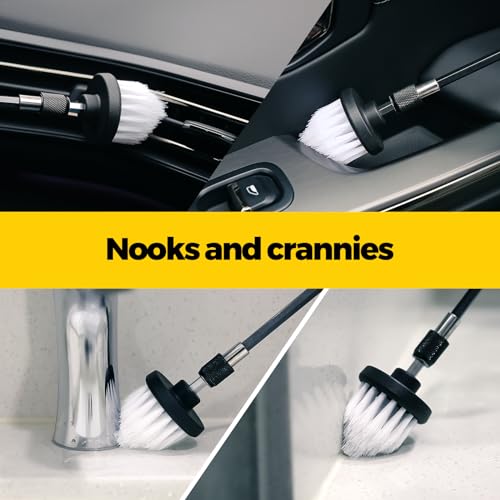 Holikme 5Pack Drill Brush Attachment Set-Car Interior Detailing Kit，Power Scrubber Brush Extended Long Attachment for Bathroom, Car，Shower，Carpet,Boat,Kitchen，Floor and Tile，White | 4 nylon scrub brushes,white,Power scrubber kit for Bathroom Surfaces, Gro