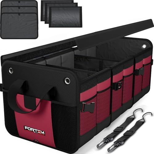 FORTEM Trunk Organizer For SUV Car Organizer and Storage, Multi-Compartment Storage Bag Car Accessories for Women Men, Perfect Christmas Gifts, 1680D Oxford, Non Slip Bottom, Straps, Soft Cover (90L) - color: Red, size: Extra Large (90L)