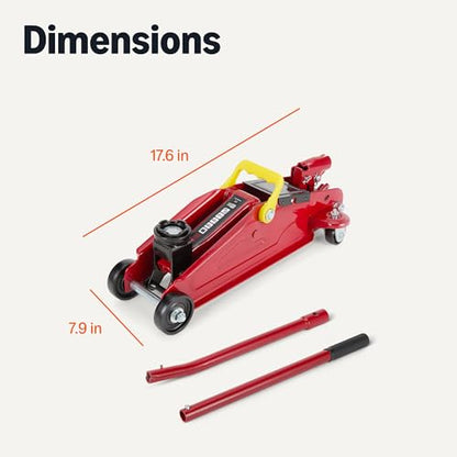 Amazon Basics Hydraulic Floor and Portable Car Jack, 2.2 Short Ton/2 Metric Ton/2 Tonne/2000 kg Capacity, 5.3–13.4 Inch (13.5–34.0 cm) Lifting Range, Slow Release, Suitable for Cars, Red