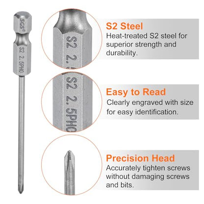 HARFINGTON 5pcs #0 Phillips Screwdriver Bit PH0 1/4" Hex Shank 3.15" (80mm) Long Magnetic S2 Steel Industrial Grade Screw Driver Bit Cross Head Electric Drill Bits 0.098" (2.5mm) Rod - size: PH0 x 80mm x 2.5mm