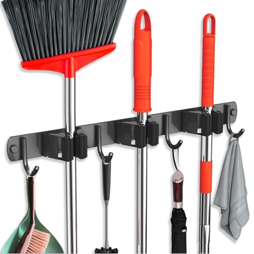 Mop and Broom Holder Wall Mount, Upgraded Broom Hanger Wall Mount, Stainless Steel Broom Organizer for Closet Garage Laundry Room Kitchen Wall Decor(3Racks 4Hooks Black) - color: Black, size: 3Racks 4Hooks