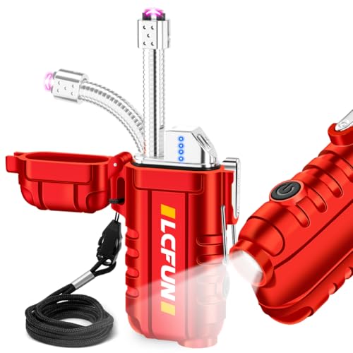 LcFun Electric Lighter Outdoor Windproof USB C Rechargeable Plasma Arc Lighters Electronic Flameless Lighter with Flashlight for Camping Hiking, Survival Kits, Tactical Gears for Men - color: Red, style: Flexible Arc With Flashlight