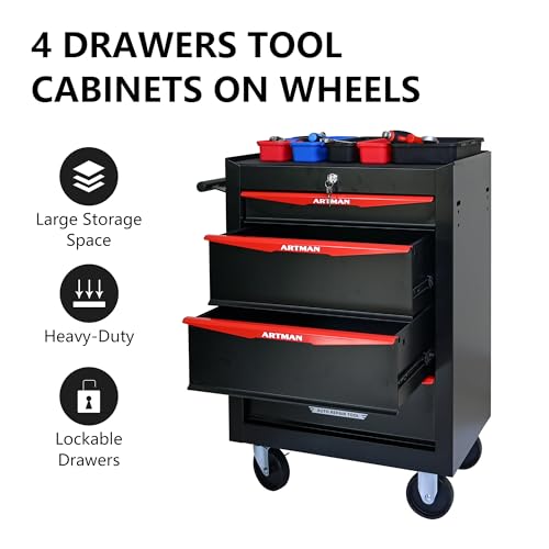RYH 4/5/6/7 Drawers Rolling Tool Chest - Heavy Duty Mobile Tool Cart with Locking Wheels & Ball Bearing Drawers, 30.5" H x 20.9" W x13 D Garage Tool Storage Cabinet，Metal Tool Box (Black, 4 Drawers) - color: Black-red, size: 4 Drawers（30"H × 20"W × 13"D)