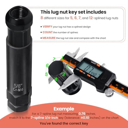 6 & 7 Spline Socket Set with Lock Key - Locking Lug Nut Removal Tool for Aftermarket Wheel Installation & Removal (16-Piece)