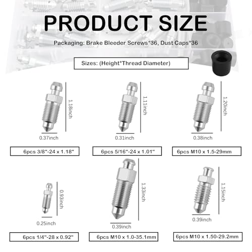 36PCS Brake Bleeder Screw Kit with Dust Cap,Multi-Size SAE & Metric Brake Bleeder Valve Kit Replacement H9403-6 H9410-6 H9406-6 H9402-6 H9407-6,Brakes Bleed Kits with Storage Box - color: Have Cap
