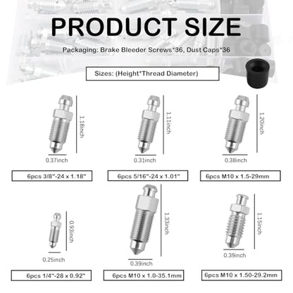 36PCS Brake Bleeder Screw Kit with Dust Cap,Multi-Size SAE & Metric Brake Bleeder Valve Kit Replacement H9403-6 H9410-6 H9406-6 H9402-6 H9407-6,Brakes Bleed Kits with Storage Box - color: Have Cap