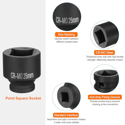 HARFINGTON 4 Point Square Socket 1/2" Drive 25mm Metric Square Impact Socket CR-MO Blackening Standard Wheel Sockets Pneumatic Socket Tool for Auto Repair Mechanical Maintenance Home Use - size: 25mm