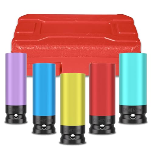 5PCS 1/2" Drive Wheel Protector Impact Socket, Non-Marring Lug Nut Deep Socket Set, CR-MO, 6 Point, Color-Coded Protective Socket, Metric 15 17 19 21 22 mm - size: 1/2" Protective Cover Sockets 5pcs
