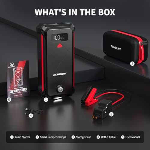 Acmount P100 Car Jump Starter, 5000A Peak Lithium Jump Starter Battery Pack for Up to 10.0L Gas or 8.0L Diesel Engine, Safe 12V Portable Battery Starter Power Pack with LED Screen & LED Light - color: red