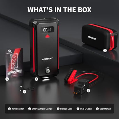 Acmount P100 Car Jump Starter, 5000A Peak Lithium Jump Starter Battery Pack for Up to 10.0L Gas or 8.0L Diesel Engine, Safe 12V Portable Battery Starter Power Pack with LED Screen & LED Light - color: red