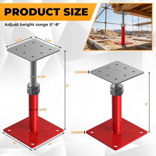 4PCS House Floor Jacks for Leveling & Lifting, 5" - 8" Height Adjust Range, Adjustable Crawl Space Jacks, Telescoping Screw Jacks for Temporary Support - 11000 lbs Max Load Capacity, Red - size: 5-8in Red